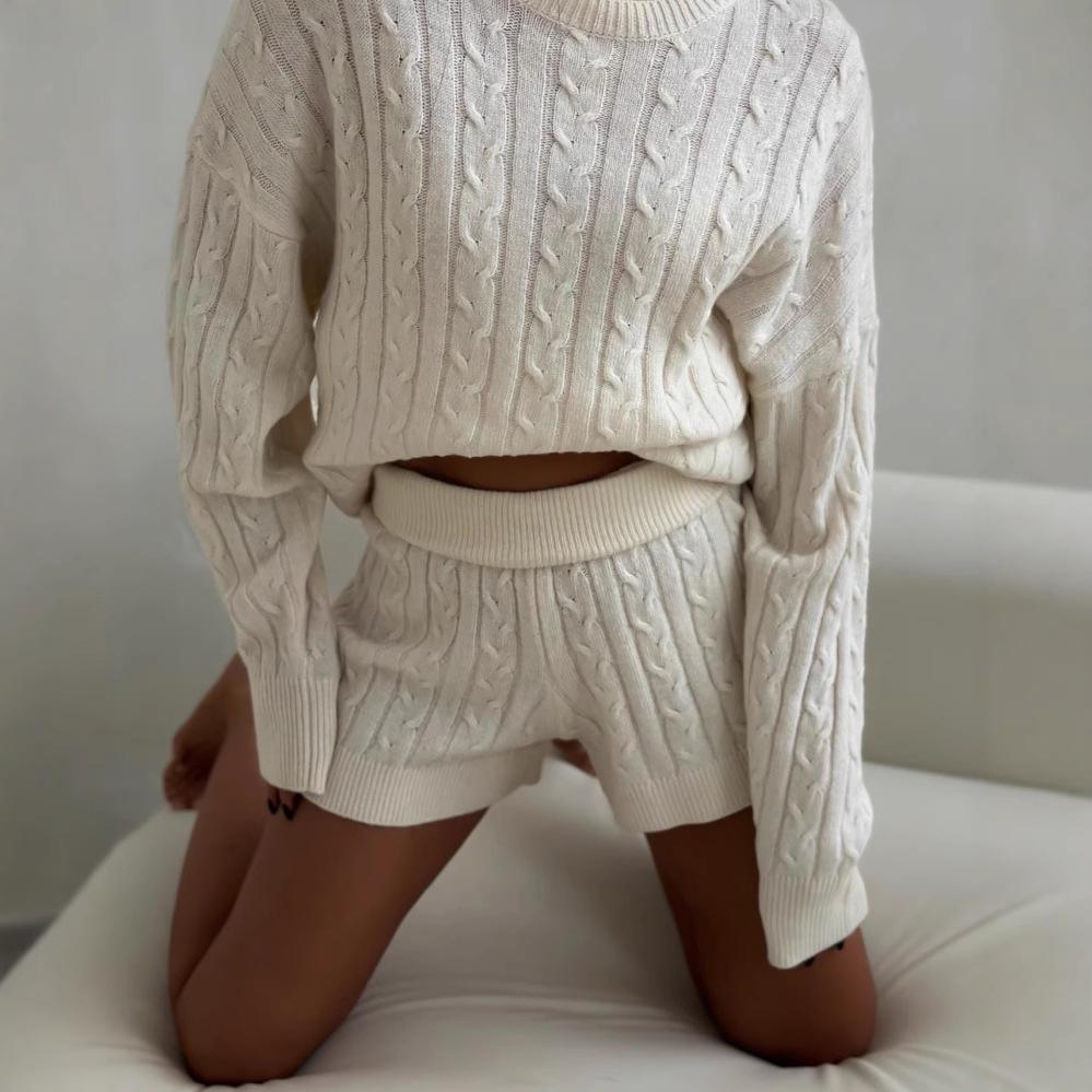 European and American women's clothing new knitted casual sweater shorts set