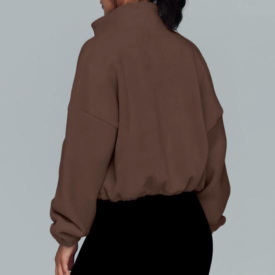 Women's Zip Drawstring Fleece Short Jacket Full Hem Stand Collar Warm