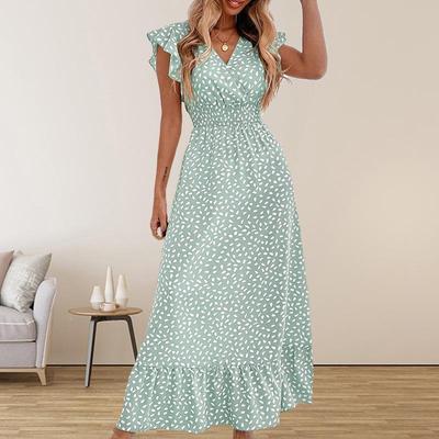 European & American Women's Fashion V-Neck Waist-Cinching Long Dress, High-Waisted, Short-Sleeved - 2024 Spring/Summer Collection