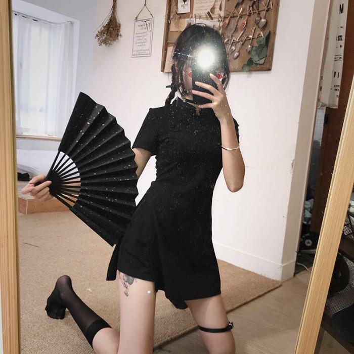 

Two-piece Suit Pants Modified Cheongsam Style Black Dress Summer Fashion Retro Little Black Skirt XXL чорний