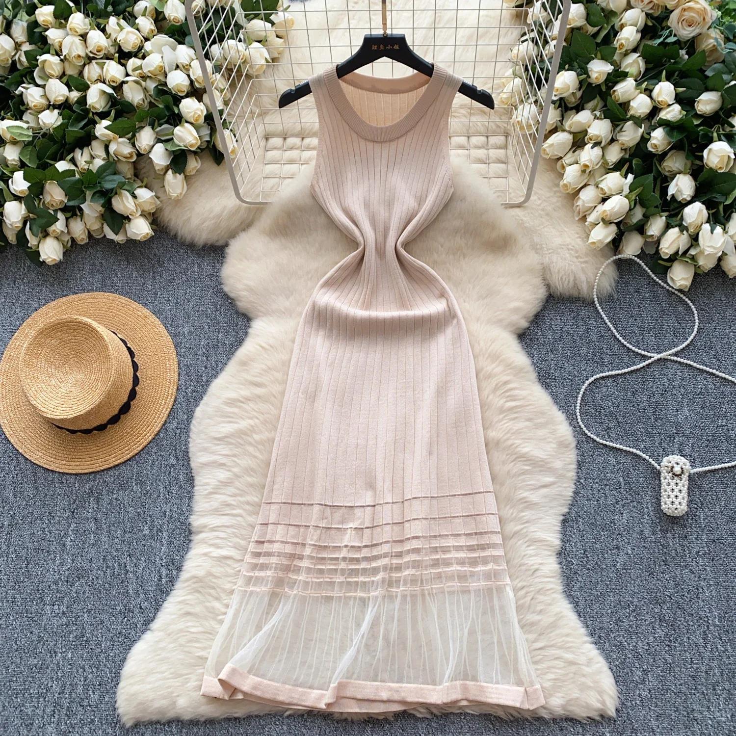 

Летний горячий сладкий О-образный вырез сексуальный без рукавов шикарный вязаный свитер сшитый сетчатый тонкий длинный платье французский вечерний High Street женская одежда One Size абрикосовый