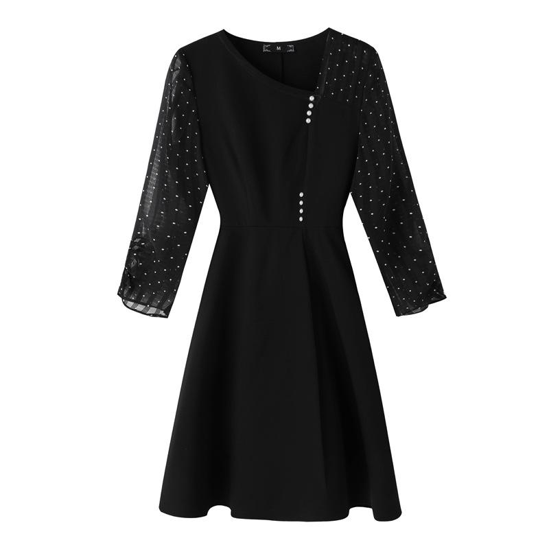 

[Распродажа] Элегантное весеннее платье с тонкой талией, длинными рукавами в горошек и бисером - размер Plus 4XL чёрный