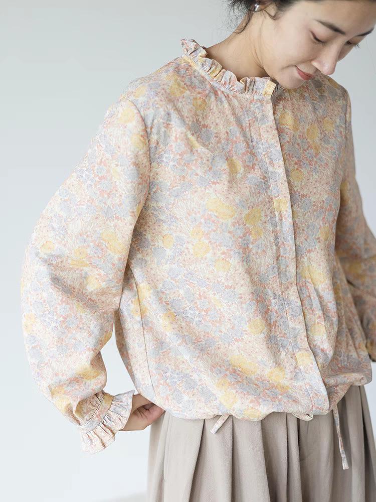 

2026 Trendy Artistic Versatile Print Casual Pastoral Ruffled Long Sleeve S (90-110 jin) жёлтый