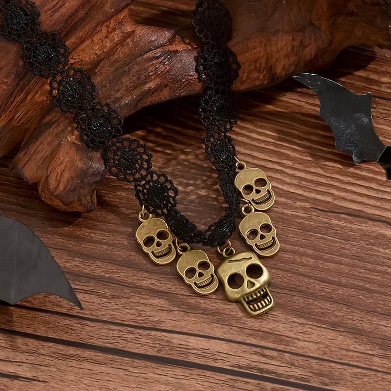 Women's Halloween Geometric Skull Lace Necklace - Dark Style Ghost Pendant Jewelry