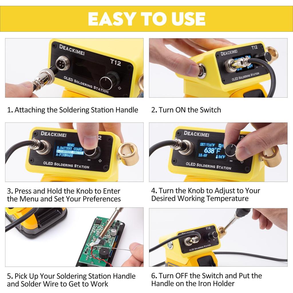 Cordless soldering iron table with digital display, adjustable temperature knob, lead-free soldering, °C/ºF conversion, auto sleep and calibration.
