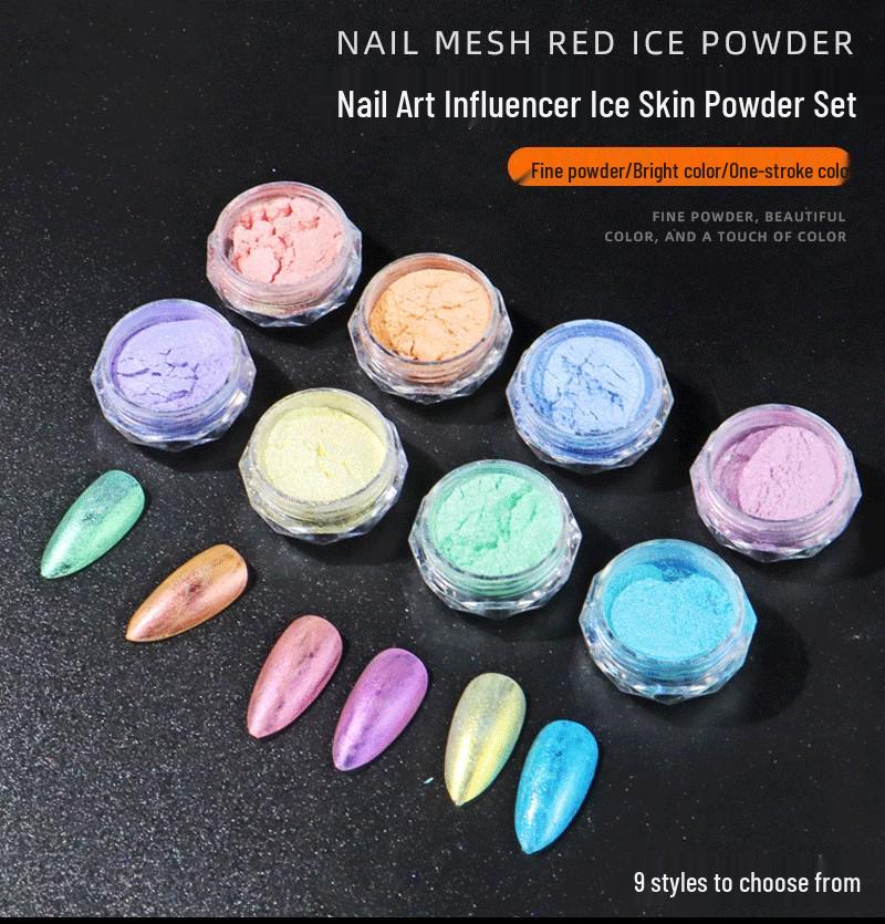 Aurora Nail Art Ice Skin Powder Highlighter Set – 9 Translucent Glitter Colors