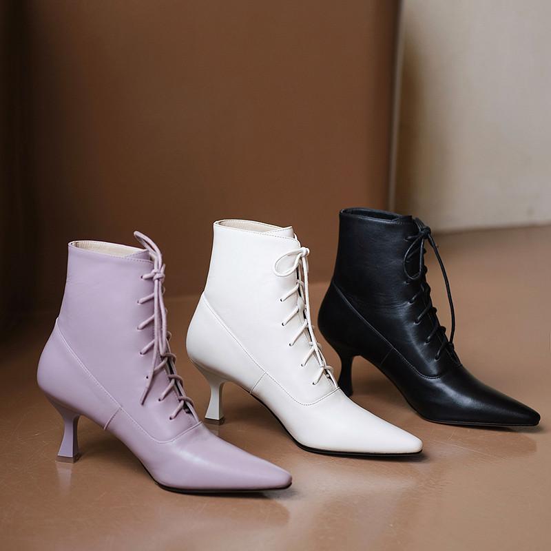 Fashion Hot Genuine Leather Women Boots Fashion Lace-up Ankle Boots Pointed Toe Thin Heels Modern Boots Handmade Women Shoes Cross-tied