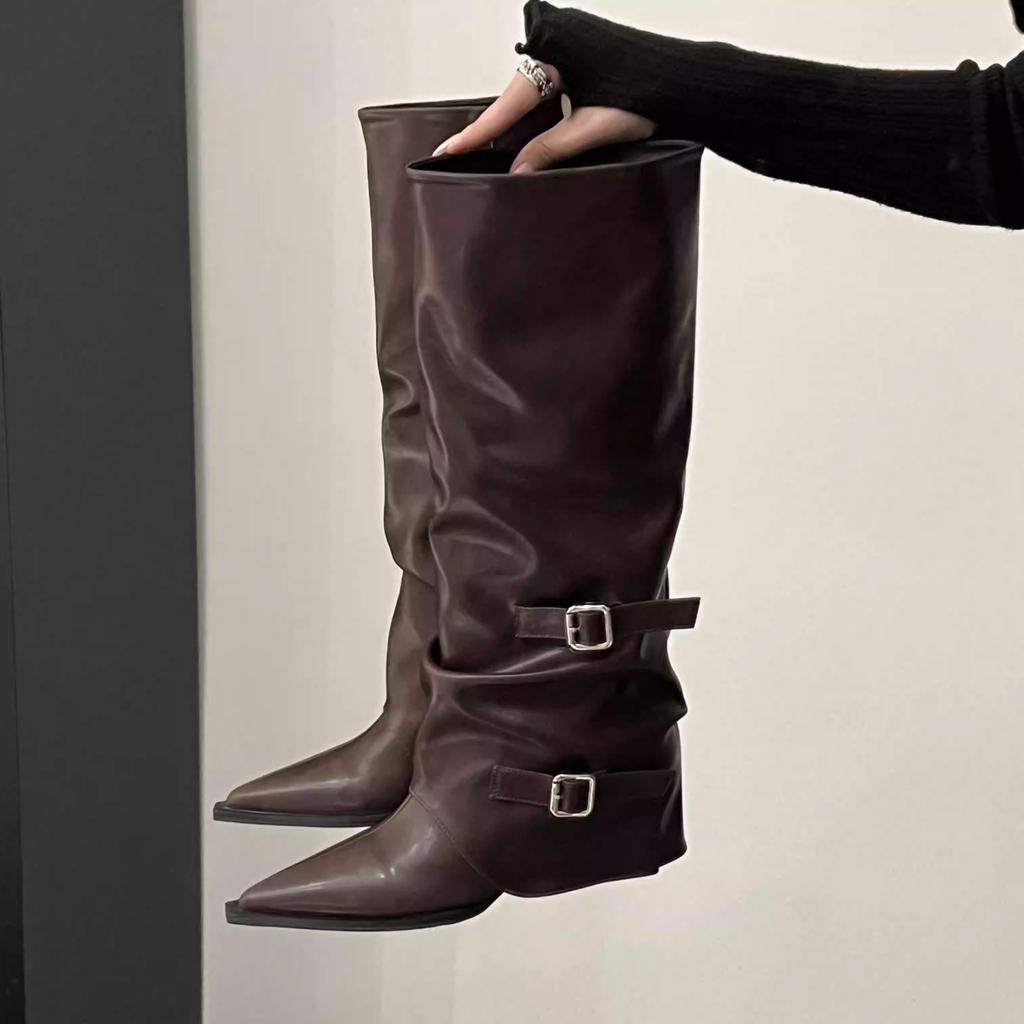 Square Heel Pointed Brown Maillard Tall Knight Boots Women's Shoes 2025 Spring Autumn Winter Pant Boots Long Boots