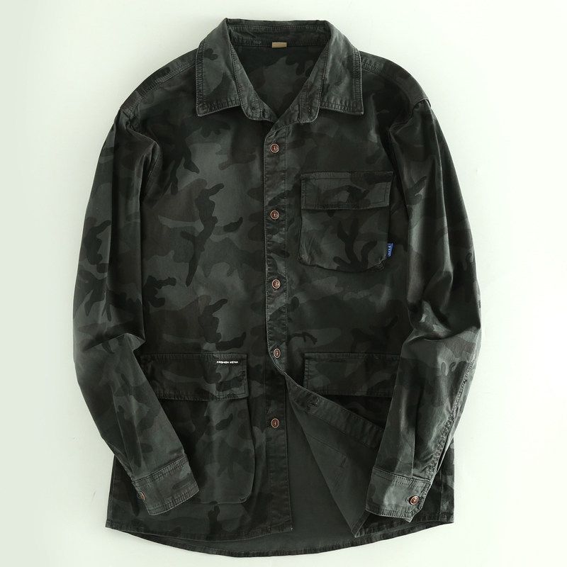 Trade More Than Cut the Tag Off Orders American Vintage Camouflage Long Sleeve Shirts Men's Spring and Autumn Multi-pockets Loose Cargo Top Tide