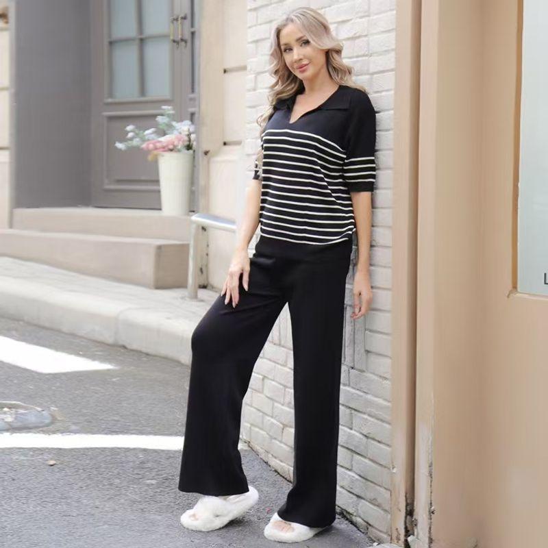 

Fashion Style New Arrival Knitting Stripes Short Sleeve Top and Trousers Suit Stripe Top and Pants Set Black One size