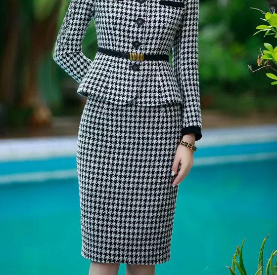 

AD Женский зимний комплект из двух предметов в гусиную лапку, французский ретро облегающий юбочный костюм Extra Large