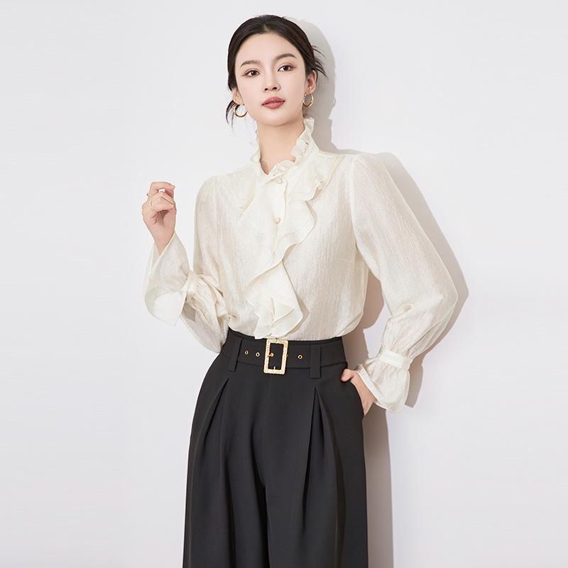 

South Oil Gold Palace Изысканный женский французский топ с оборками на воротнике Medium