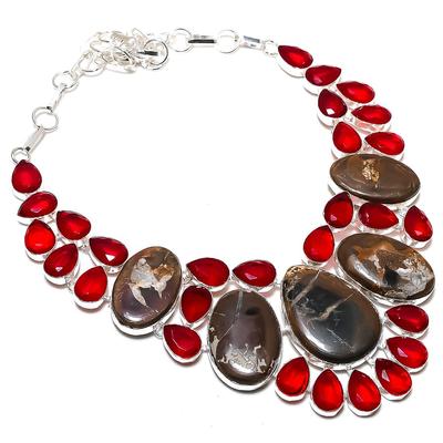 Natürlicher Schlammriss-Fossil, Granat 925 Sterlingsilber Schmuck Halskette 18" r5S36