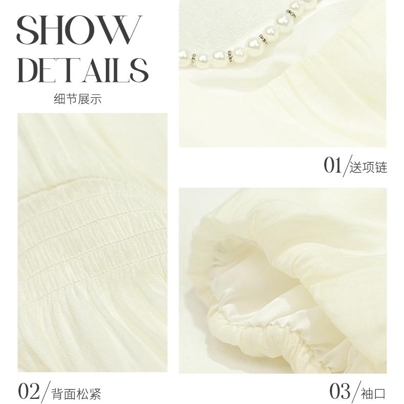 Goddess style French square collar printed waist cinching slimming and high-end pearl chain dress