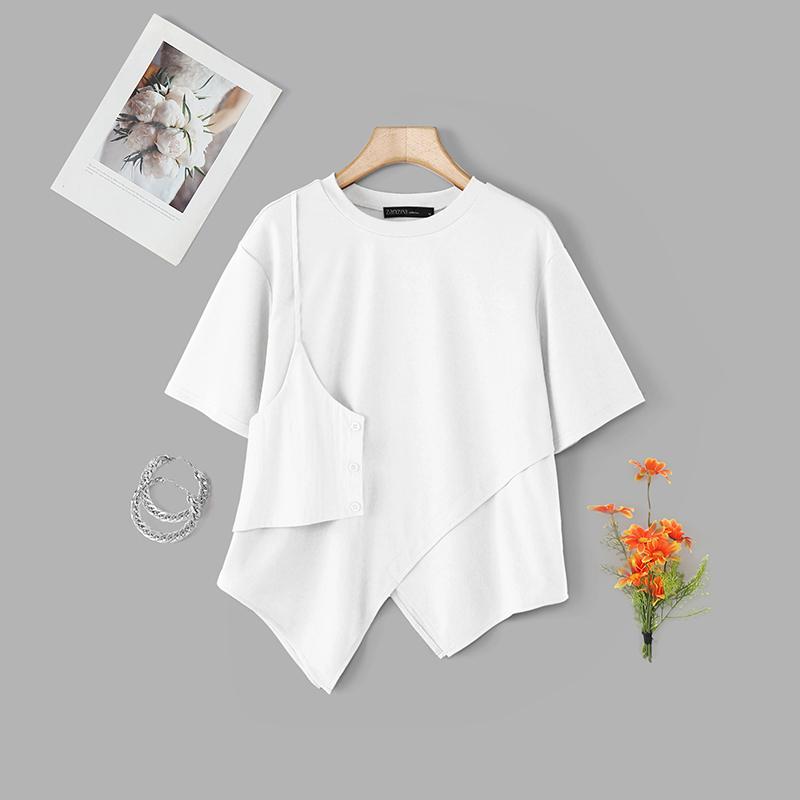 ZANZEA Women Casual Round Neck Summer Short Sleeve Irregular Blouse