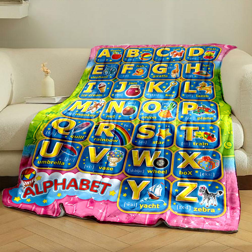 Colorful alphabet chart with letters, words, images, and phonetic symbols. for all seasons blanket lunch break throw gift