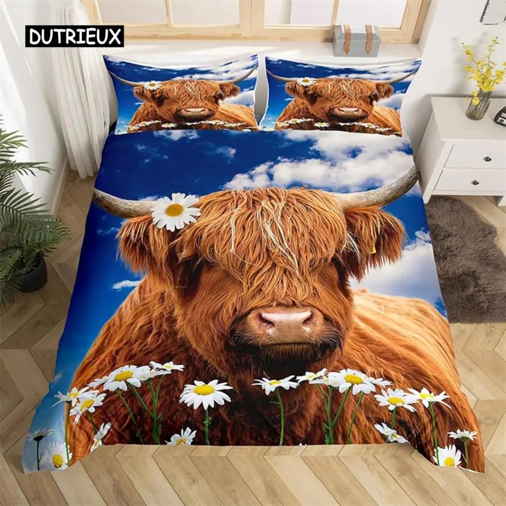 Highland İnek Yatak Takımı Polyester Boğa Sığır Çiçekleri Yorgan Kılıfı Batı Vahşi Hayvan Yorgan Kılıfı Çiftlik Evi İnek Yatak Örtüsü Kılıfı