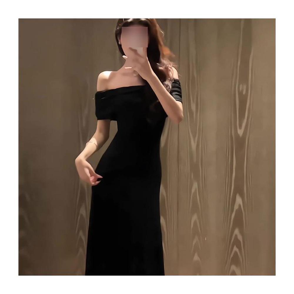 Female Summer Pure Desire Imperial Sister Wears a Black One-word Collar Dress, Temperament Slim and Thin, Waist Pinch, Hip Wrap Long Skirt