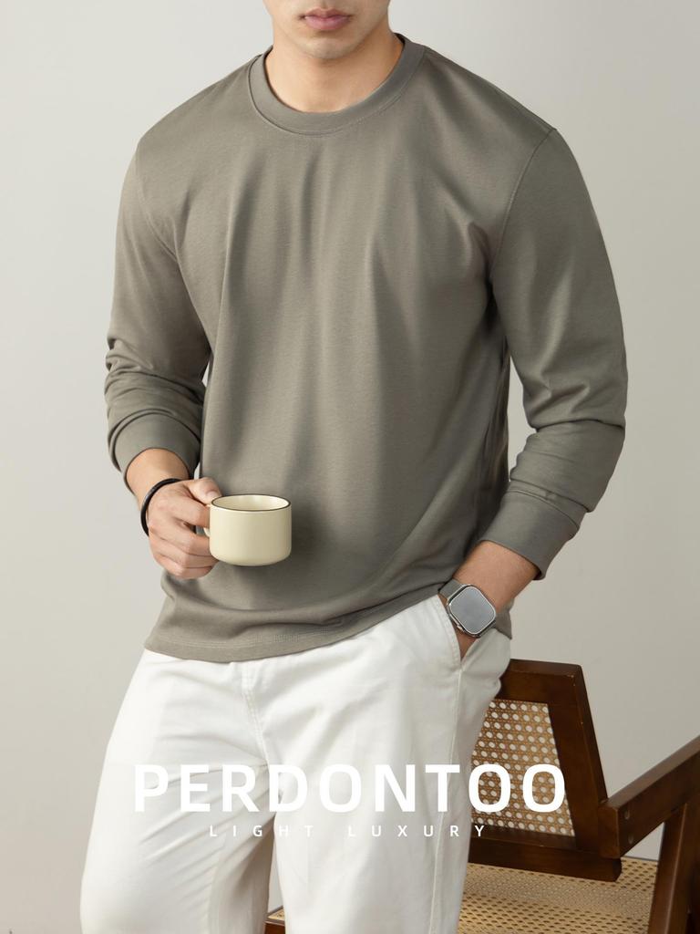 Men's Autumn/Winter Long-Sleeve Crew Neck T-Shirt - 320G Heavyweight Xinjiang Long-Staple Cotton, Loose Fit, Solid Color