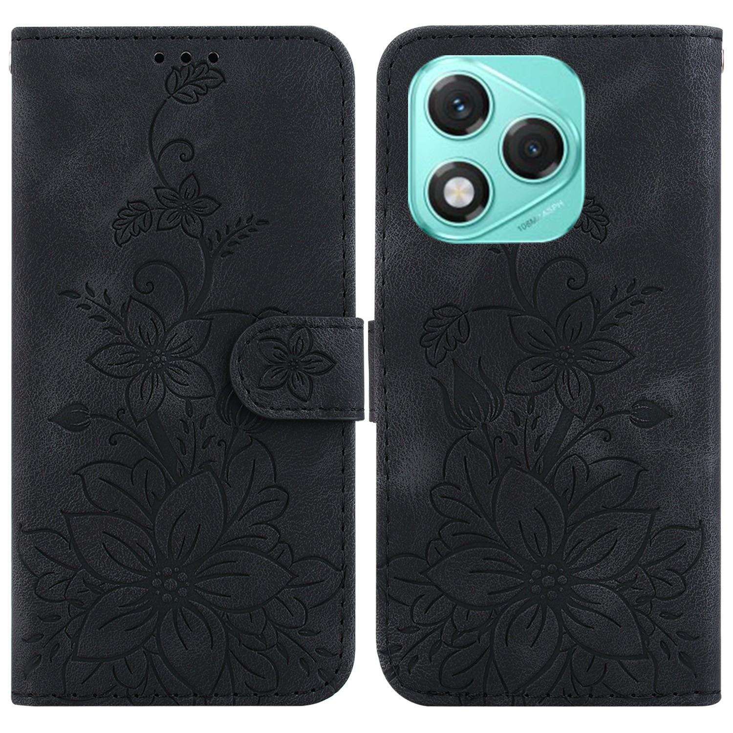 

For Honor 400 Lite Case Lily Flower Imprint Leather Phone Cover with Stand Black