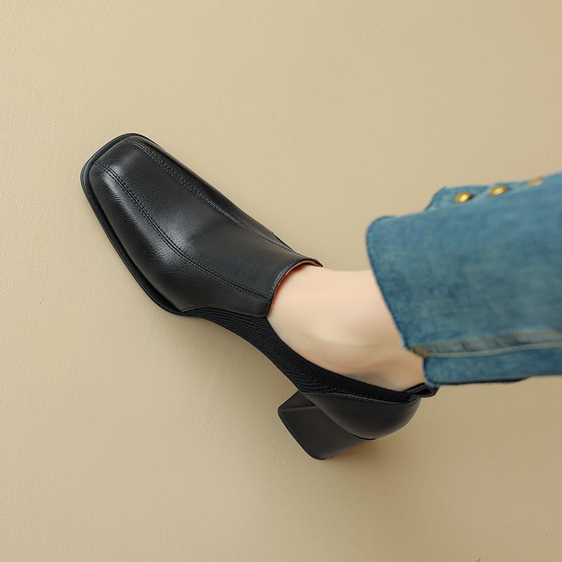 Fashion 2025 Autumn New Genuine Leather Soft Work Shoes Women High Heel Stretch Square Toe Slip on Brown Khaki British Style Heels Women