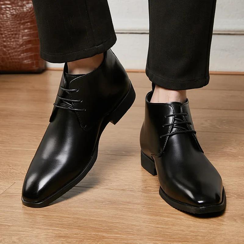 Fashion High End Luxury Brand Wine Red Men's Banquet Dress Shoes Lace Up Pointed Men's Business Shoes Winter Fashion Trend Ankle Boots