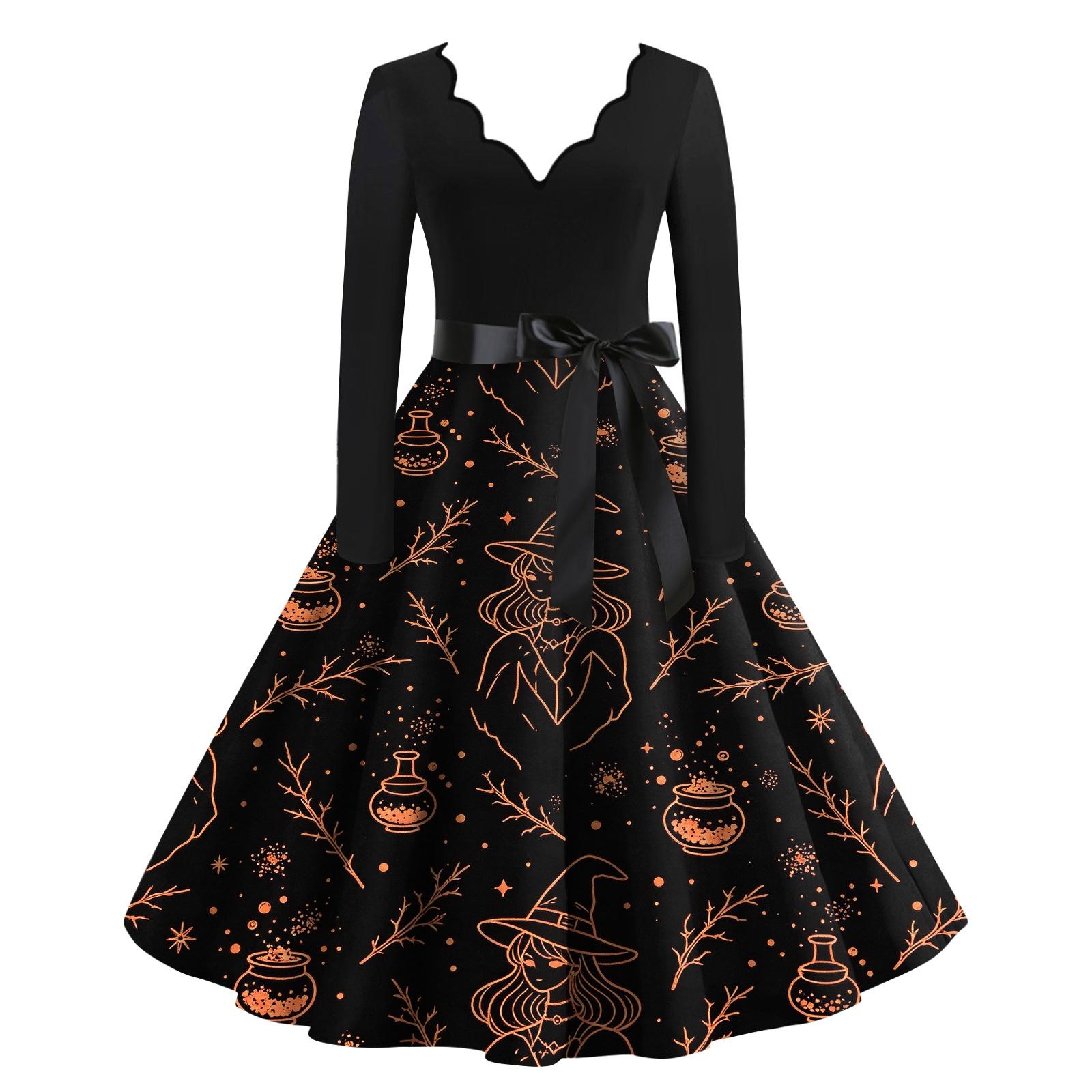 Women s Casual V-Neck Long Sleeve Halloween Print Dress L