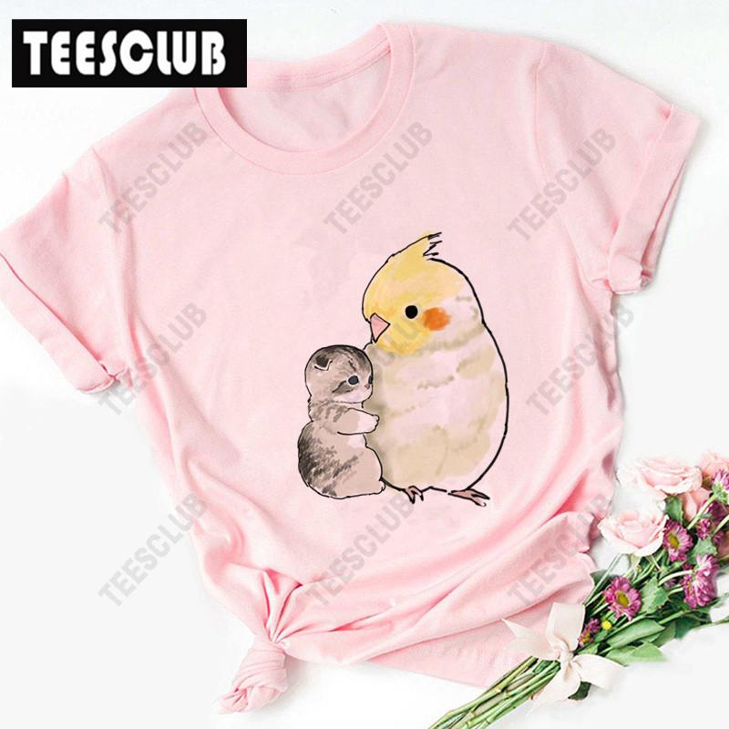 Women's Polyester 100% European-Style Cartoon Parrot Cat Print T-shirt Short Sleeve Harajuku Graphic Top Summer