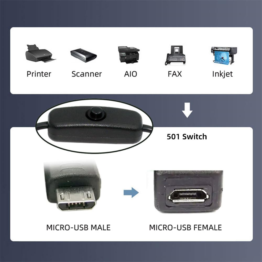 cablecc Micro USB Switch Cable with Power Switch Micro Male to DC for Desk Lamps and Fan Cameras 2.0 On/Off Button, 5-Pin Female, 5V,