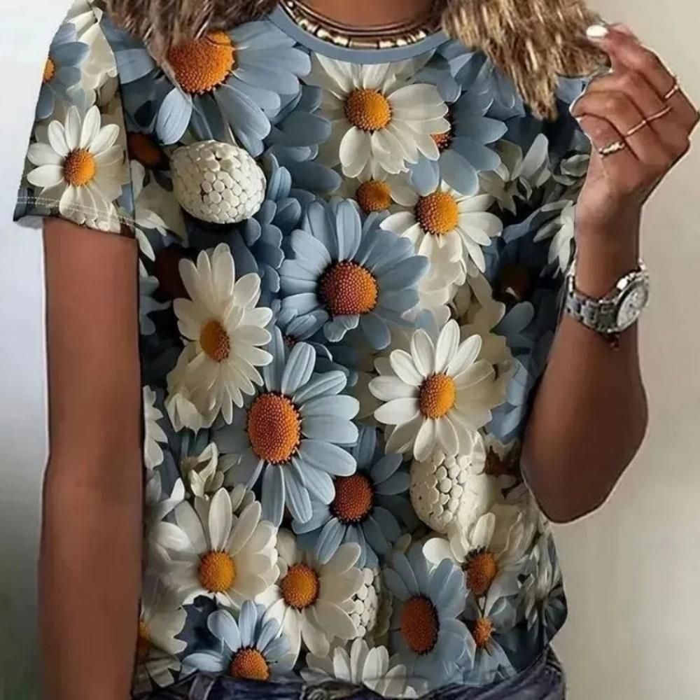 Sommer Damen 3D-Druck Rundhals T-Shirt Mode Vielseitig Atmungsaktiv Trend Lässig