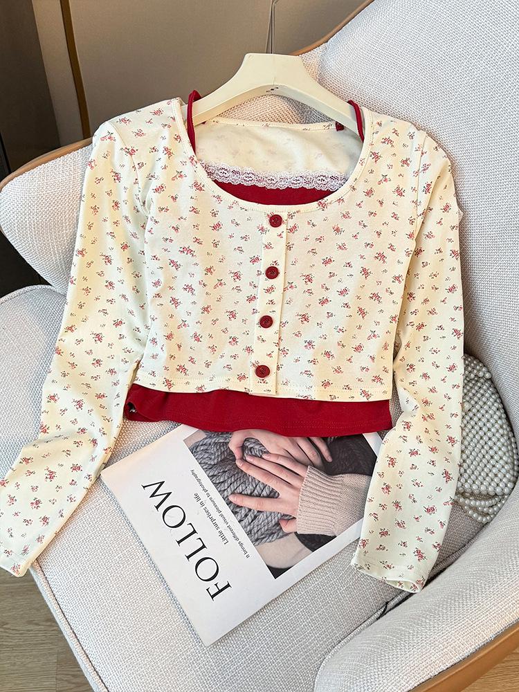 Women's Floral Button-Up Two-Piece-Style Long-Sleeve Slim Fit Top