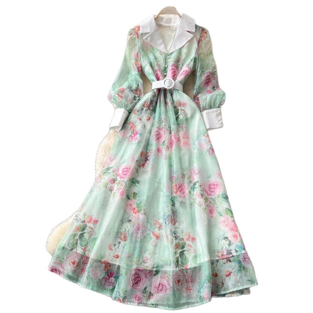 French romantic style V-neck lantern sleeve printed dress women's lapel slim-fitting waist and thin A-shaped long dress