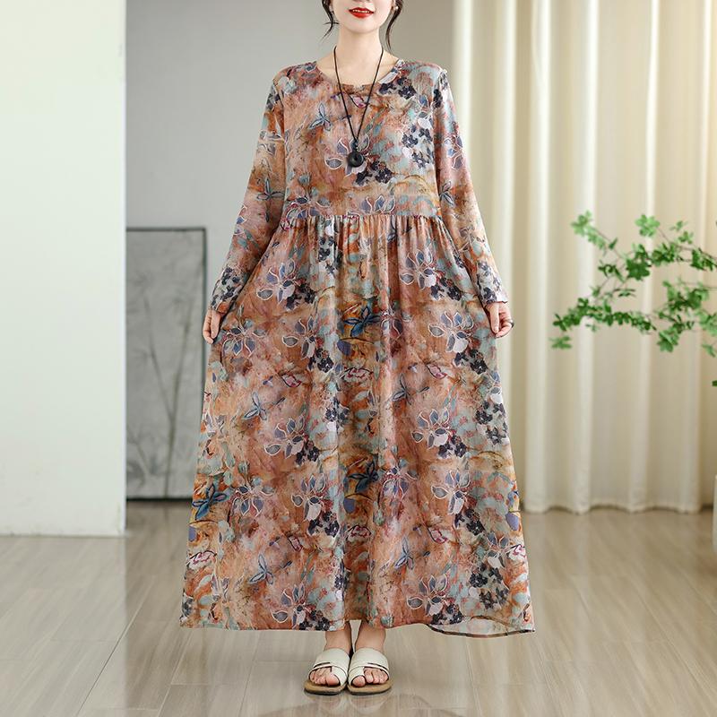 Dimanaf Ny 2025 Dame Plussstørrelse Vår Lang Kjole Løs Basic Vintage Oversize Langermet Maxi Blomstret