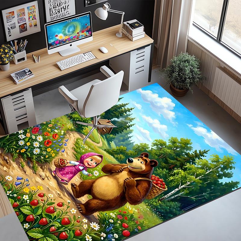 Masha and The Bear Pattern Rug, Indoor/Outdoor Mat, for Picnic, Gameroom, Bedroom, Office, Living Room, Home Decor Carpet, Birthday Gift