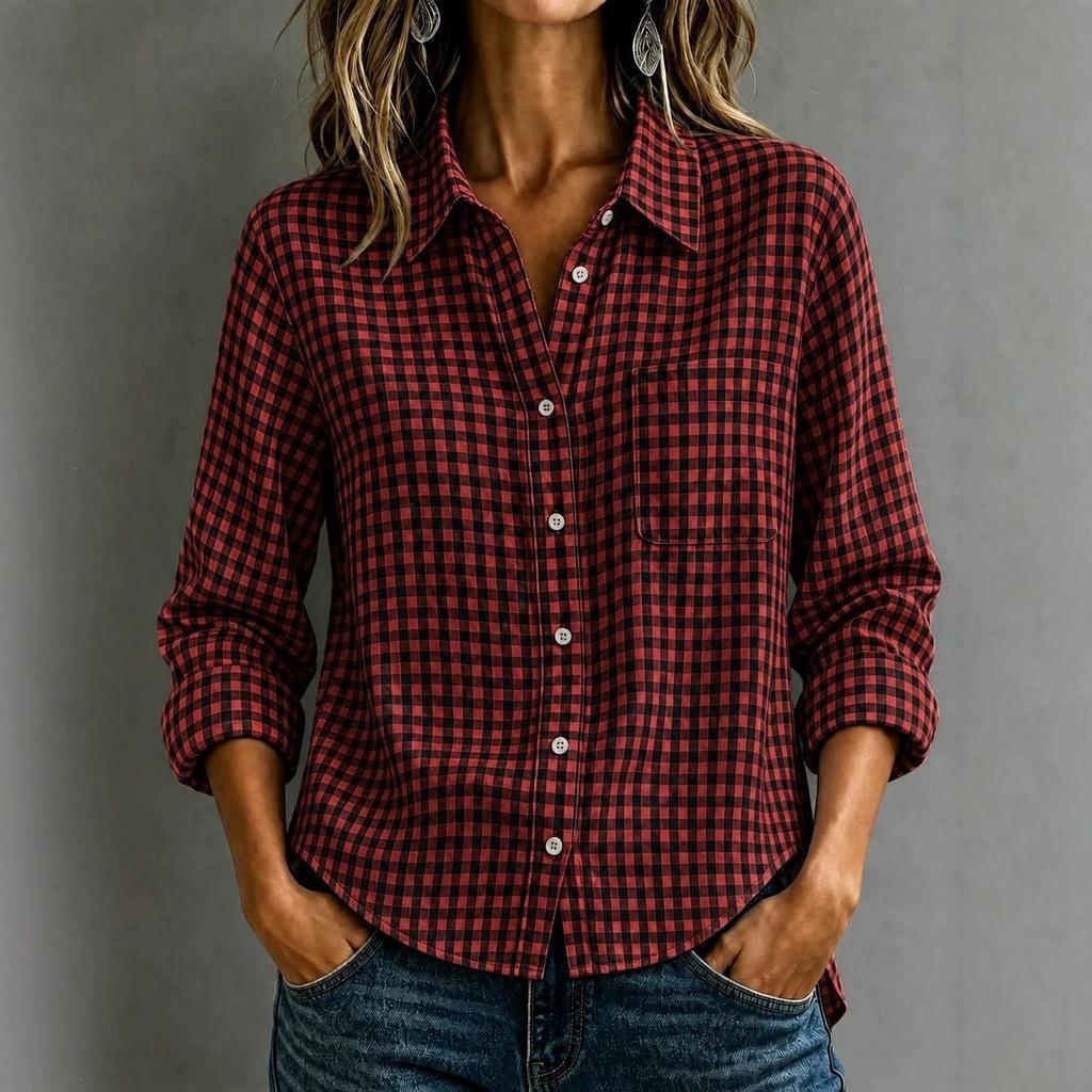 1116 Spring and Summer European and American Women's Long Sleeve Plaid Casual Loose Lapel Shirt Women's Top