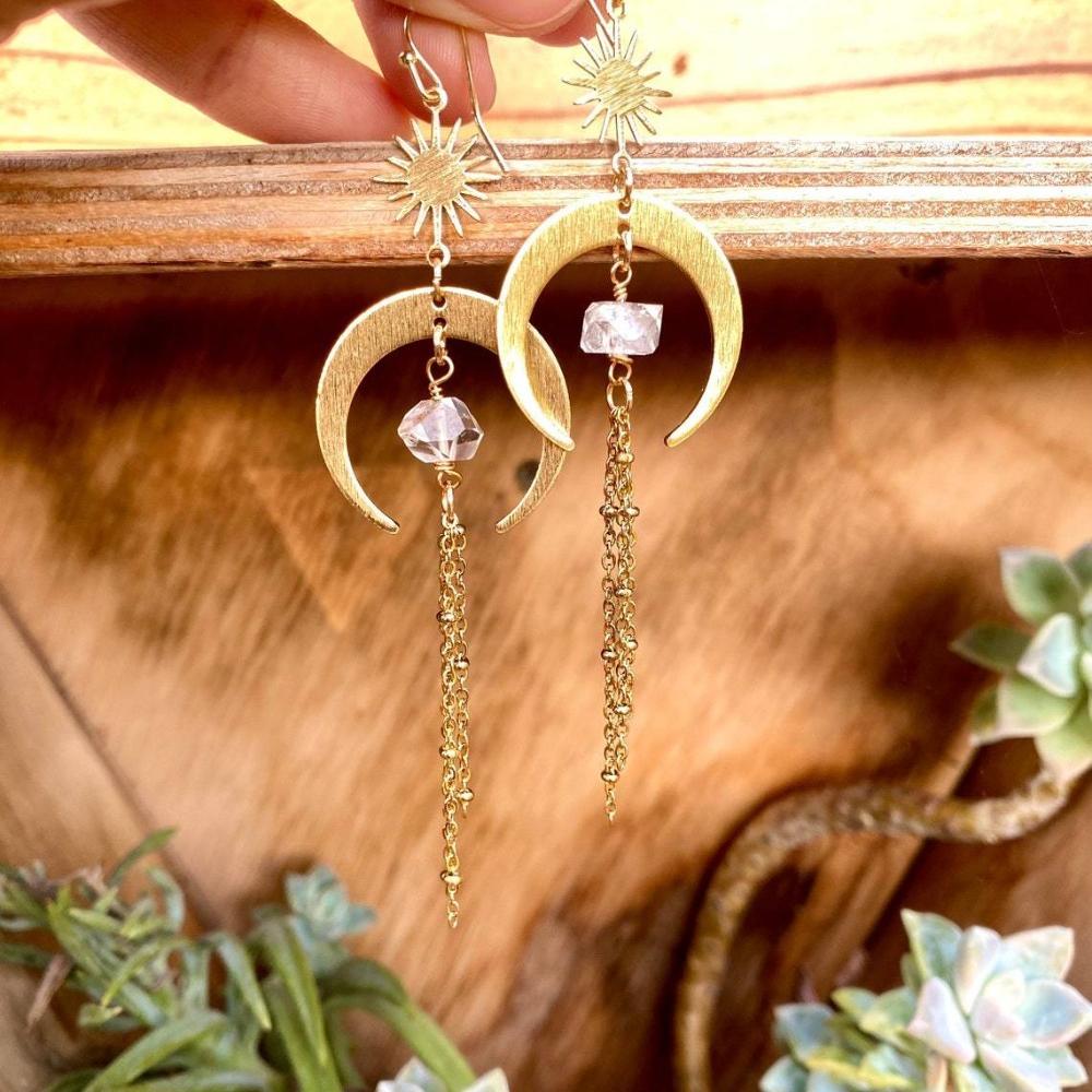Bohemia Charm Gold Color Stainless Steel Sun Crescent Irregular Natural Crystal Beads Tassel Dangle Earrings for Women Jewelry