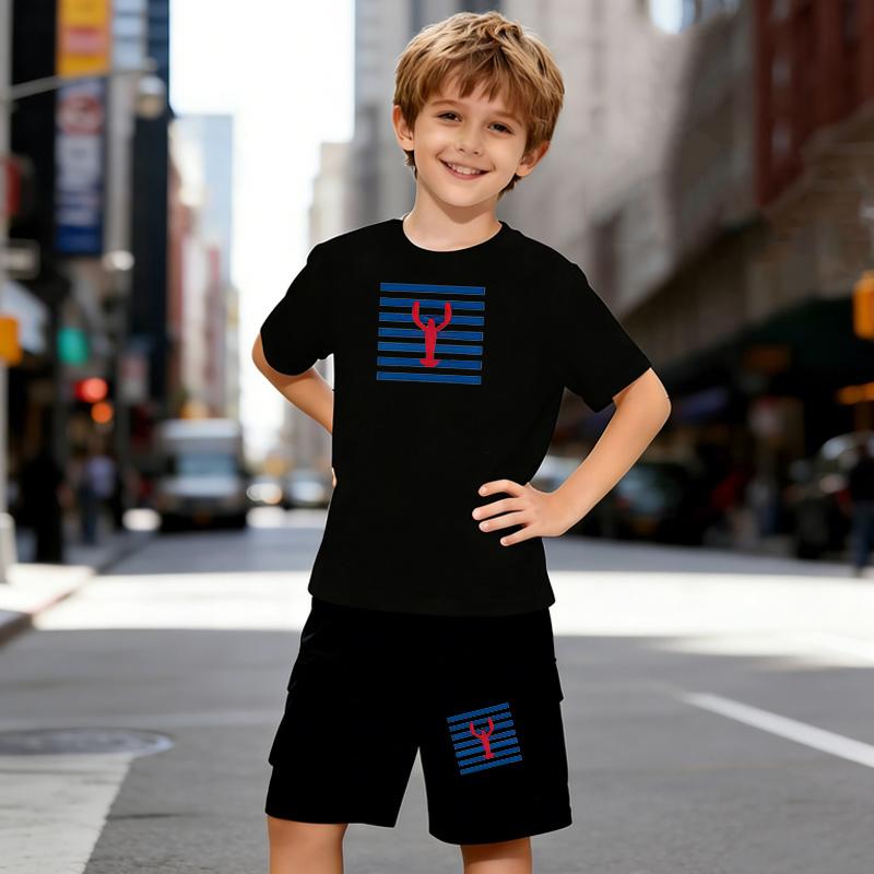 

Комплект из 2 предметов для мальчиков с принтом в виде лобстера, футболка с коротким рукавом и комплект шорт для детей в возрасте 5-14 лет, Черно-белая спортивная повседневная летняя одежда 5-6 Years чёрный