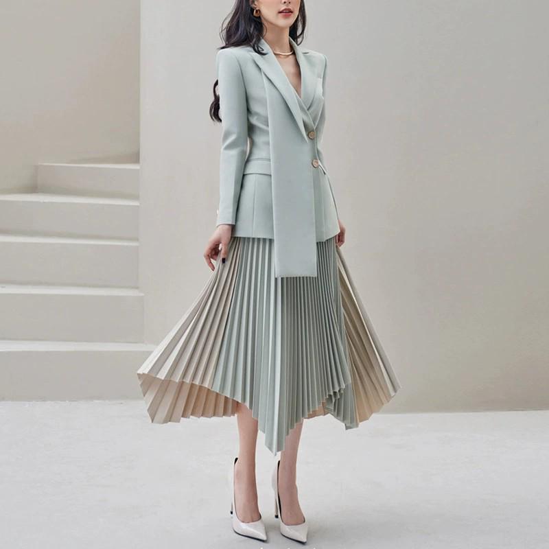 Gray-Blue Double-Breasted Jacket & Irregular Pleated Skirt Set - Autumn Color Block Fashion for Women
