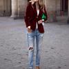 Women's Solid Color Velvet Notched Lapel Single‑Button Long Sleeve Slim Fit Blazer Jacket