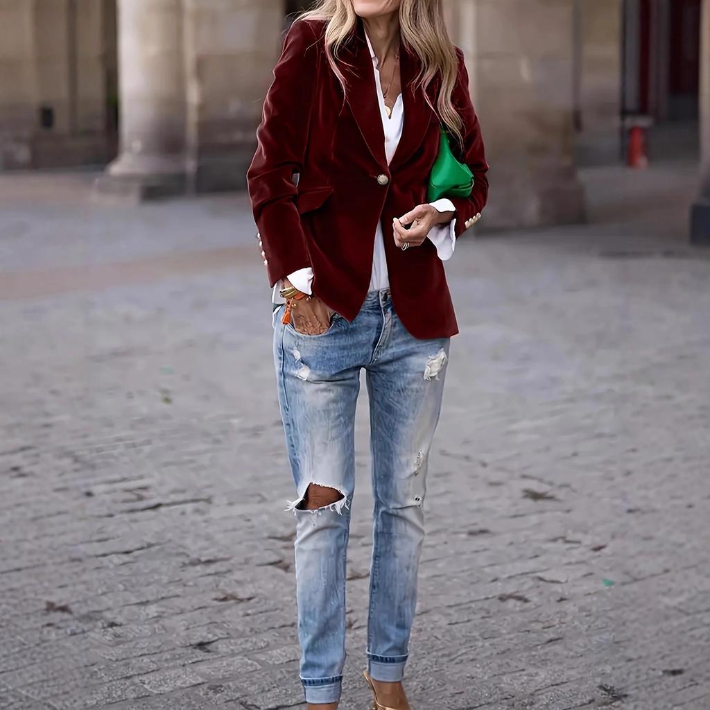 Women's Solid Color Velvet Notched Lapel Single‑Button Long Sleeve Slim Fit Blazer Jacket