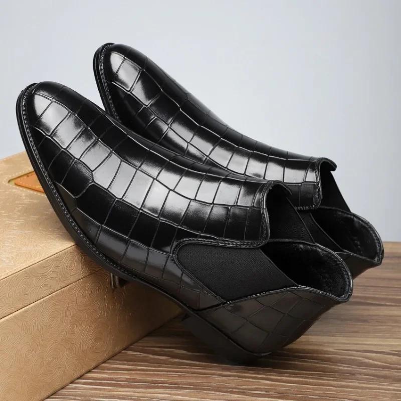 Fashion Chelsea Leather Men Boots High-top Side Zipper Round-toe Crocodile Pattern High Heel Versatile Casual Party Boots For Man botas
