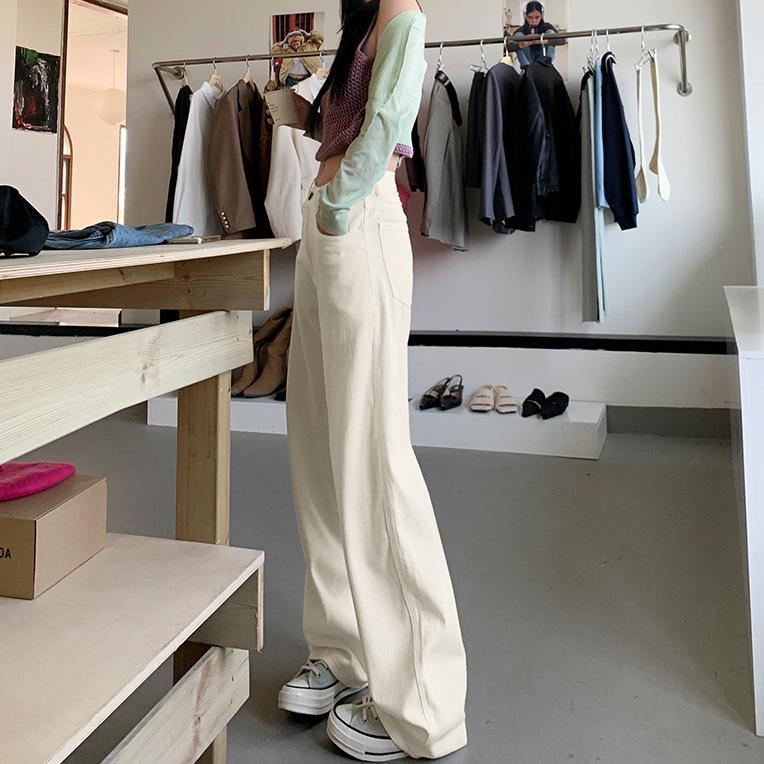 Korean Style Cream Denim Wide-Leg Floor-Length Pants - Trendy & Slimming