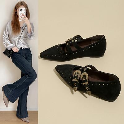 Retro Rivet Pointed Toe Shallow Mouth Heightened Single Shoes 2026 New Flat French Evening Breeze Mary Jane Shoes