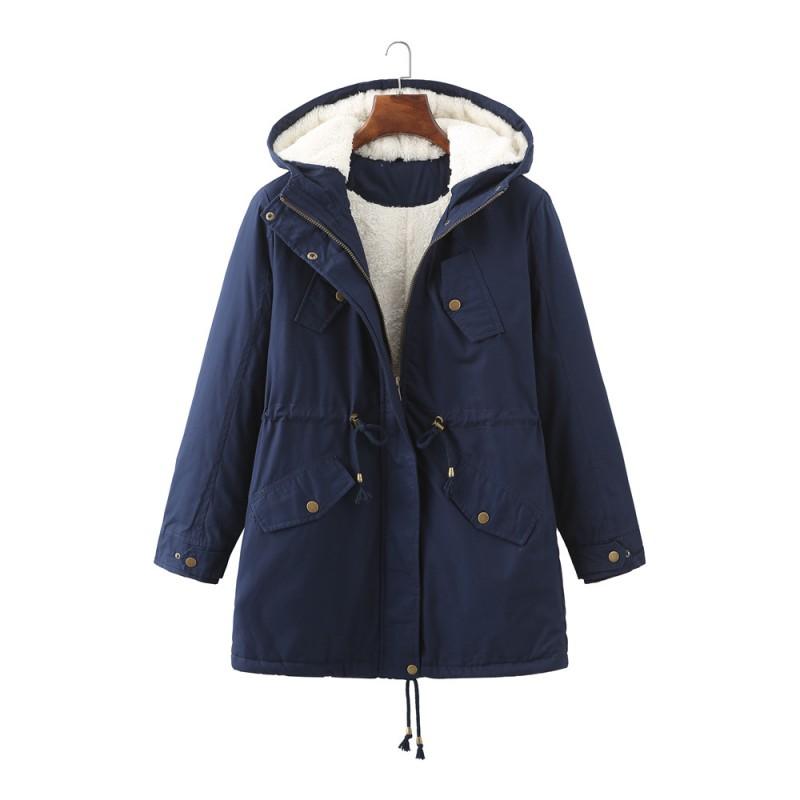Womens Warm Fleece-Lined Hooded Cotton Coat Mid-Length Straight Fit Winter Daily Wear