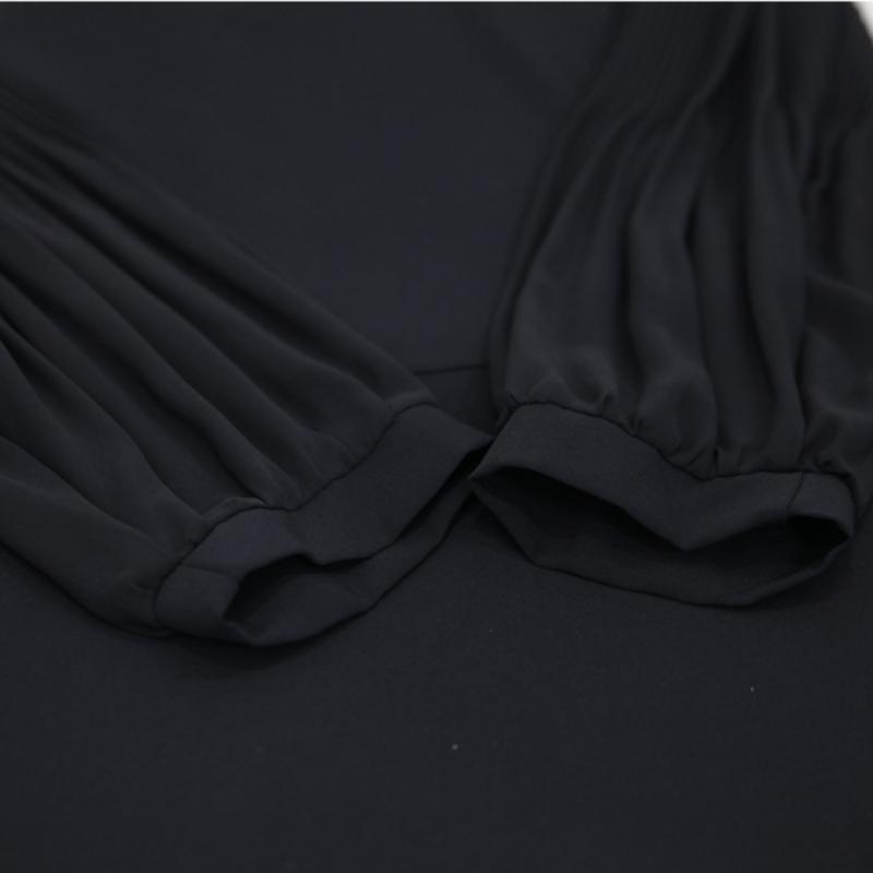 Shiz Madam Women Round Chain Collar Sleeve Pleated Long Dress N2756