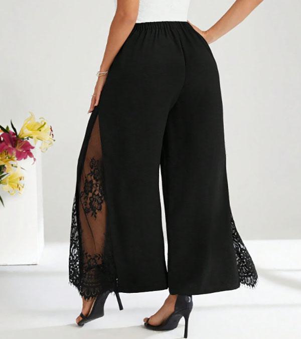 Women's Plus Size Black Elegant Spring Summer Casual Split Lace Patchwork Loose Elastic Waist Wide Leg Pants Straight Leg Pants