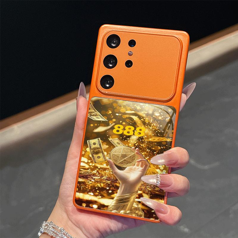 Stylish Wealth 888 Explosion Golden Pattern Orange Glass Phone Case for Samsung Galaxy S26 S25 Ultra S24 S23Plus S22 S21FE Cover