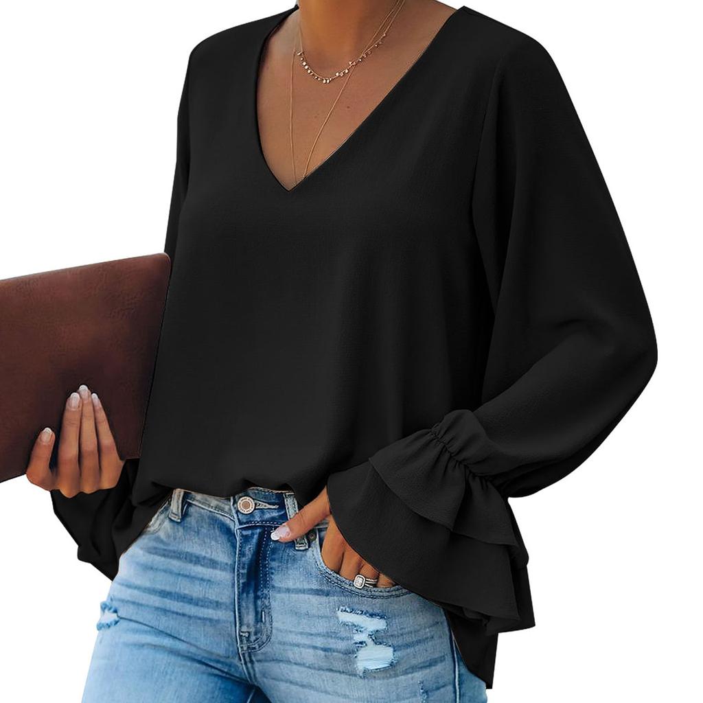 Women's Basic Shirts V Neck Long Flared Sleeves Blouses