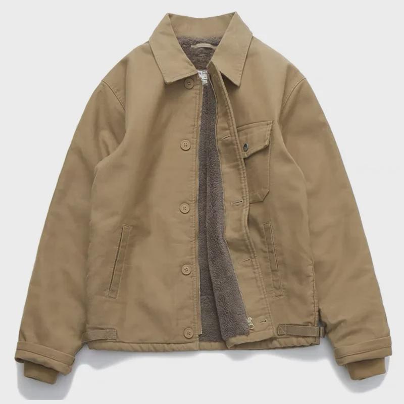 Men's Thickened Lambskin Lapel Winter Coat, Khaki A2, Cotton, Long-Sleeved, Plus Velvet