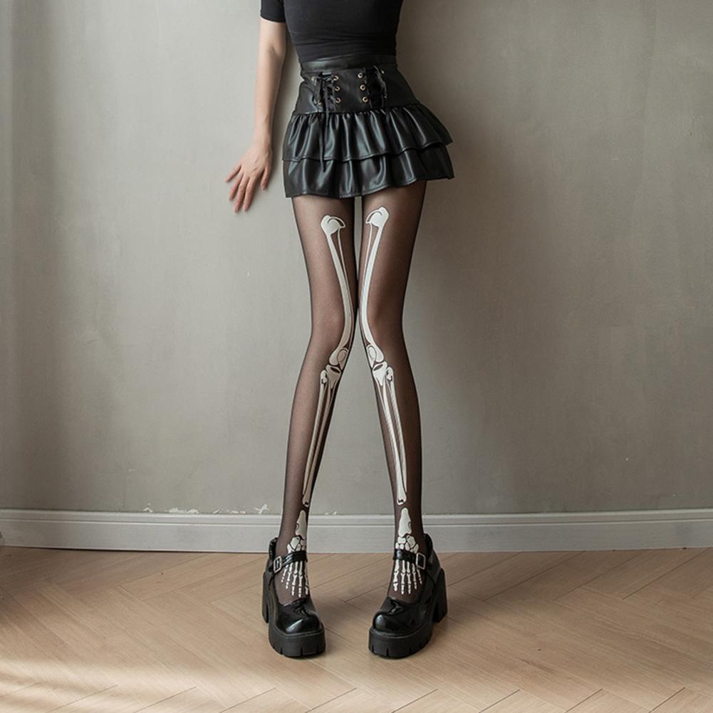 Halloween Skeleton Women Pantyhose Ghost Leg Print Contrast Color Glow At Night Luminous Thin Mesh Terrifying Anti-slip Cosplay